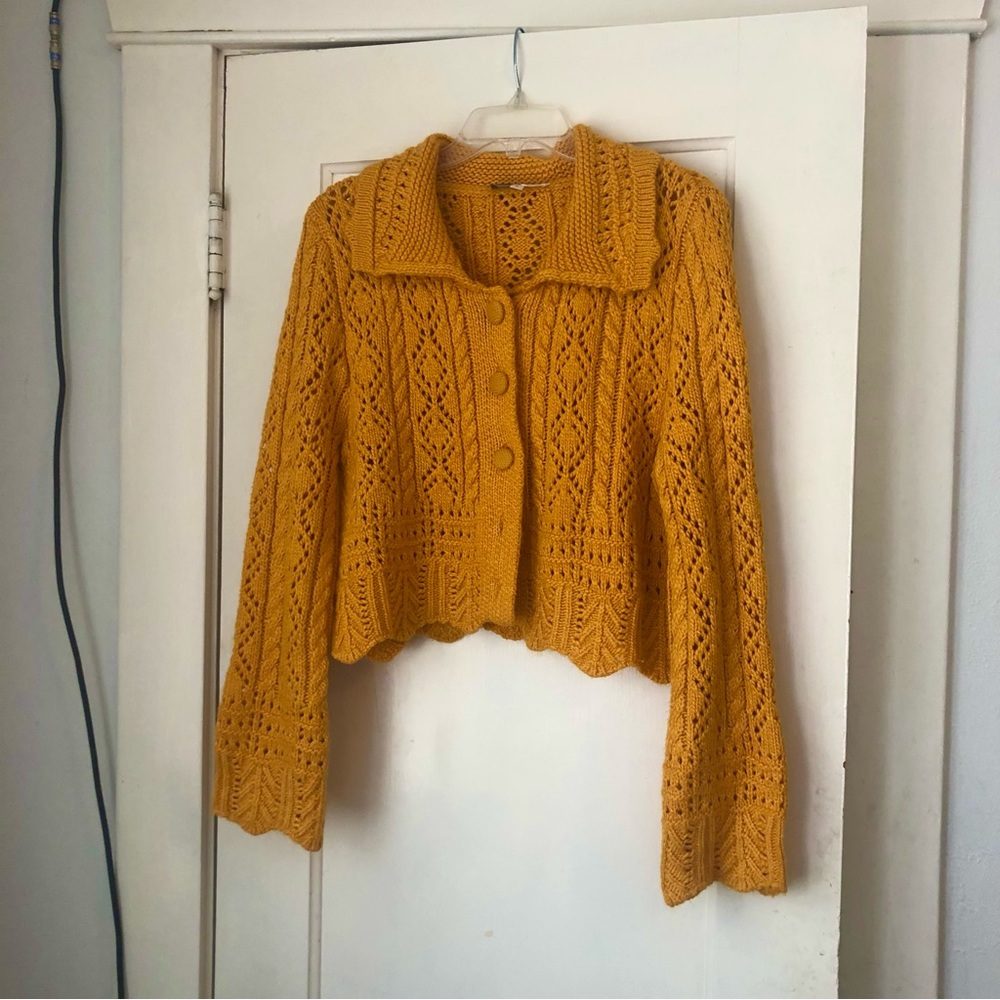 Yellow crocheted cropped collared sweater